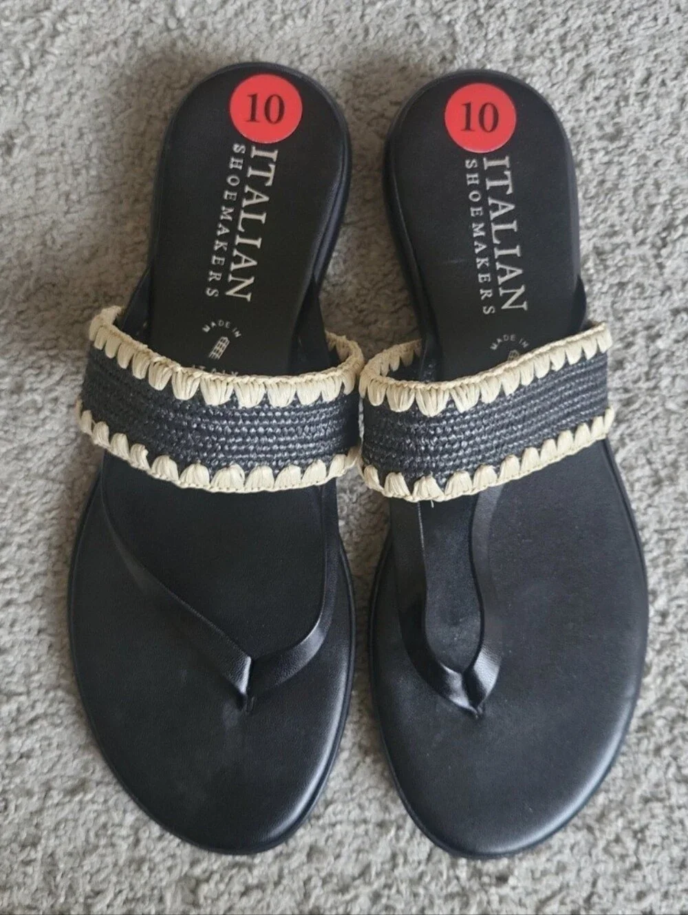 Italian Shoemakers Thong Sandals Womens 10 Black Beige Embroidered Italy NEW